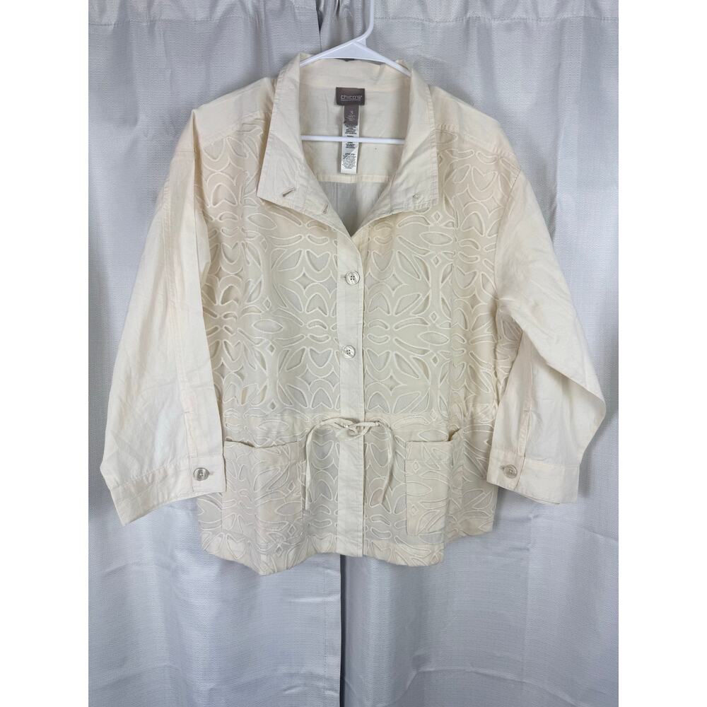 Chicos‎ Embroidered Utility Jacket Size 3 Boho Lagenlook Coastal Chic